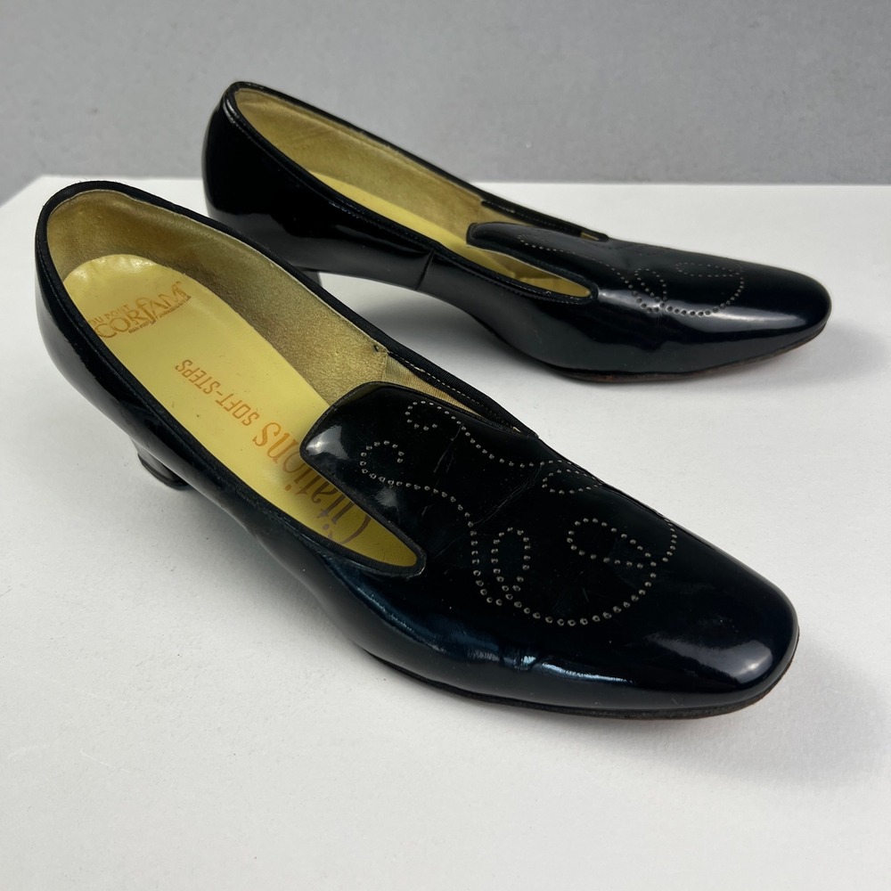 Citations Soft-Steps Pumps Womens 7.5 AA Black Corfam Patent Block Heel Vintage